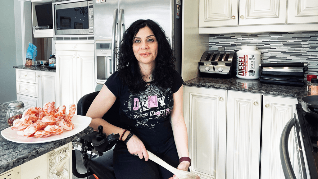 Anna Giannakouros Cooking using her Golden Technologies LiteRider Envy Power Wheelchair